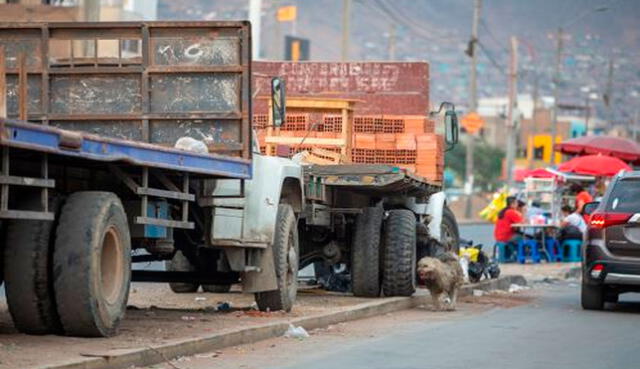 Los vehículos de carga pesada con ladrillos permanecen varados en la avenida Tomás Valle. Foto: Andina