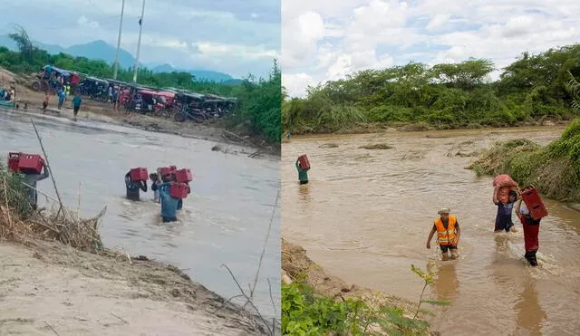Pobladores pasan en hombres productos de primera necesidad ante desastre por fuertes lluvias. Foto: Julian Rivera/Paul Sunción/Cortesía