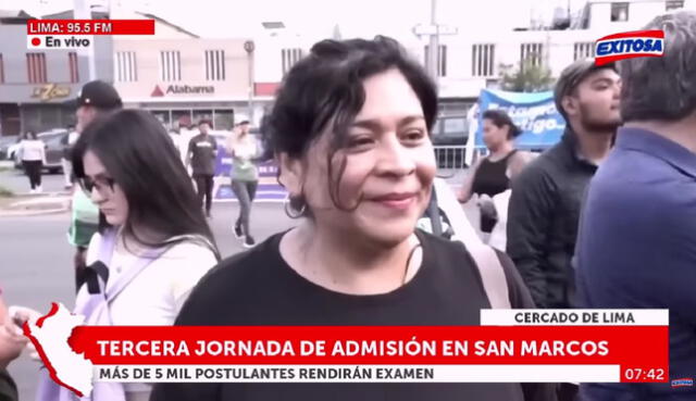 Mujer pierde la vergüenza con el objetivo de que su hija dé el examen de admisión de San Marcos. Foto: captura de Exitosa Noticias - Video: Exitosa Noticias