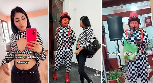 Joven y payaso van a baby shower y se dan cuenta de que sus outfits son muy parecidos. Foto: composición LR/captura de TikTok/@Karly_La_Mas