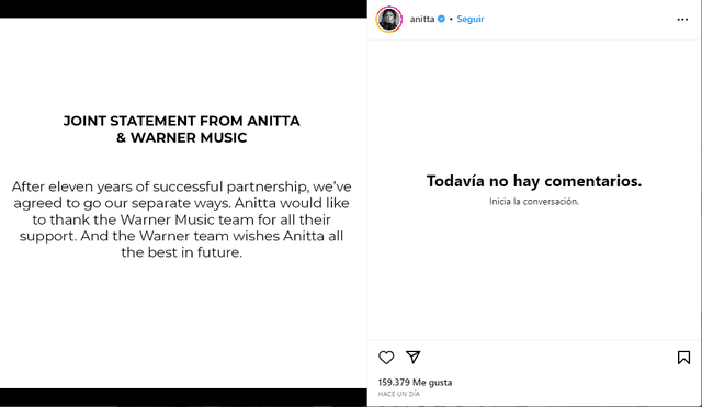  Anitta anuncia fin de contrato con el equipo de Warner Música y les agradece por su apoyo. Foto: Anitta/ Instagram    