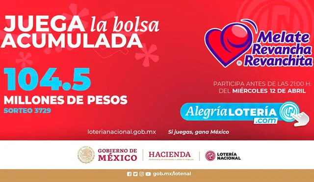 Pozo total del sorteo Melate de hoy, 12 de abril. Foto: Lotería Nacional de México