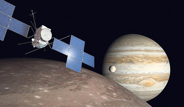 Yo visité ganímedes. Recreación artística de la sonda Juice sobrevolando Ganímedes, uno de los satélites de Júpiter. Foto: difusión