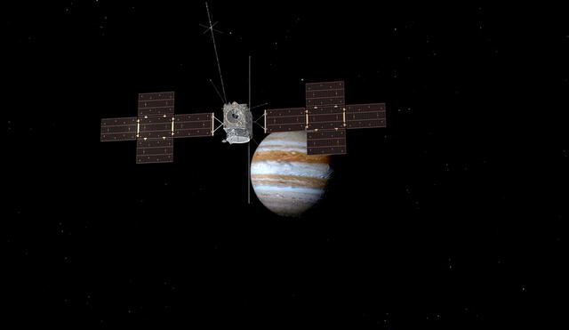 Ilustración de la sonda Juice en su viaje a Júpiter y sus lunas. Imagen: ESA