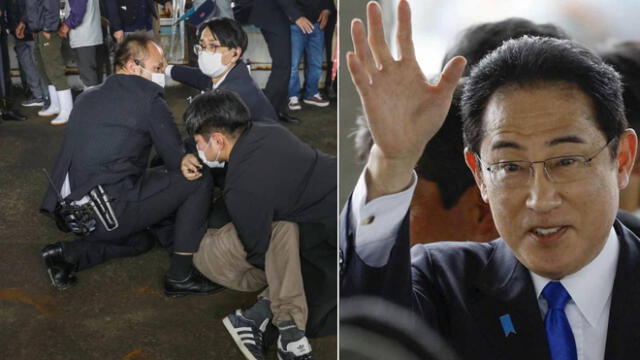 Fumio Kishida, primer ministro de Japón, fue evacuado cuando se escuchó una explosión durante su discurso. Foto: composición LR / Reuters.