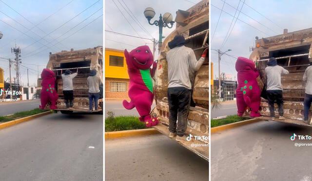 Las escenas atípicas abundan en el Perú y esta vez se pudo registrar a 'Barney' en un camión de basura. Foto: composición LR / captura de TiKTok / @giorvanni