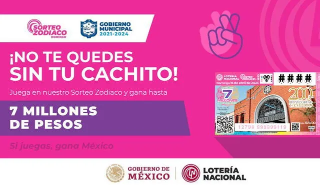 El Sorteo Zodiaco de HOY,  16 de abril tiene un premio de 7 millones de pesos. Foto: Lotería Nacional