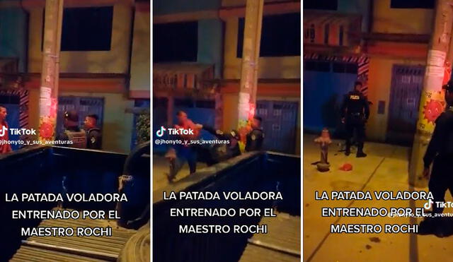 La pirueta del agente policial se volvió viral en TikTok. Foto: composición LR/captura/@jhonytoysusaventuras/TikTok - Video: @jhonytoysusaventuras