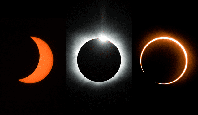 De izquierda a derecha: un eclipse solar parcial, uno total y uno anular (o anillo de fuego). Foto: composición LR/AFP