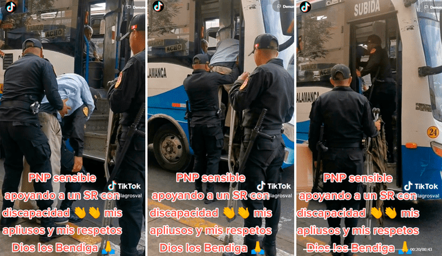 Afortunadamente, los agentes ayudaron al hombre con discapacidad a abordar el transporte. Foto: composición de LR/TikTok/@SilviaMilagrosVal