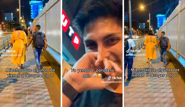 Joven que salía solo de su universidad no dudó en comparar su situación amorosa. Foto: composición LR / capturas de TikTok / @juancasalazar304