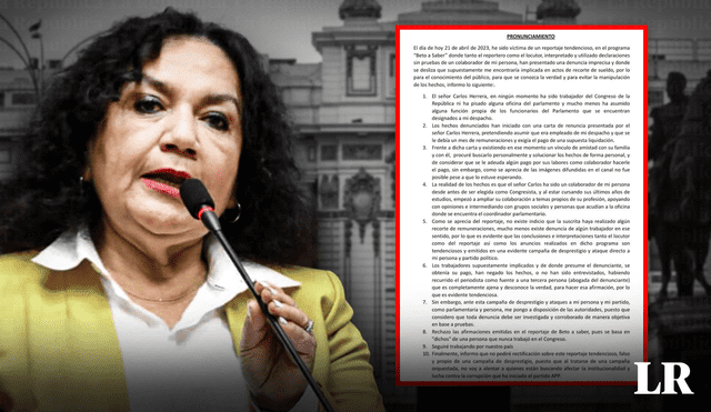 María Acuña afirma que no hay pruebas para denunciarla por recorte de sueldo a extrabajador. Foto: composición Jazmin Ceras/ Congreso/ Twitter: @mary_acuna23