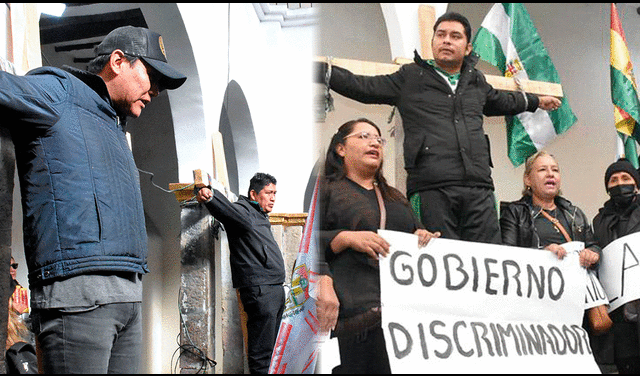 Los maestros crucificados están tanto fuera de la Casona como en el interior. Foto: composición LR/Jornada/Los Tiempos