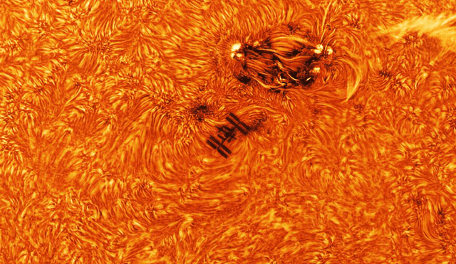 Silueta de la Estación Espacial Internacional (ISS) por delante del Sol. Foto: Andrew McCarthy