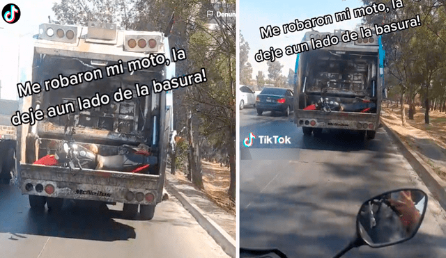 Hombre desata persecución contra camión de basura que se llevó su moto estacionada en la calle. Foto: composición LR/captura de TikTok/@Halcon…negro