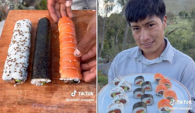 Un joven cusqueño se hizo viral en Tik Tok al mostrar cómo se prepara un delicioso sushi en el campo. Foto: Captura/TikTok/WaldirMaqque