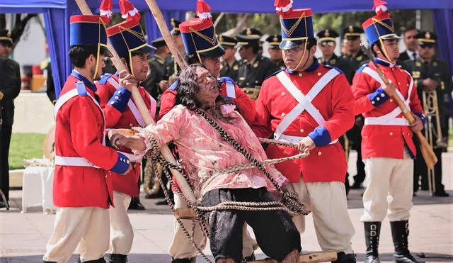 Parte del ajusticiamiento de Túpac Amaru II, representado por el actor Ericson Gárate Cjuno. Foto: Difusión.