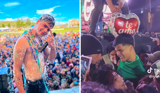 El cantante tuvo que ser ayudado por el equipo de seguridad. Foto: composición LR/captura/nayelivilca/TikTok/El Boliviano