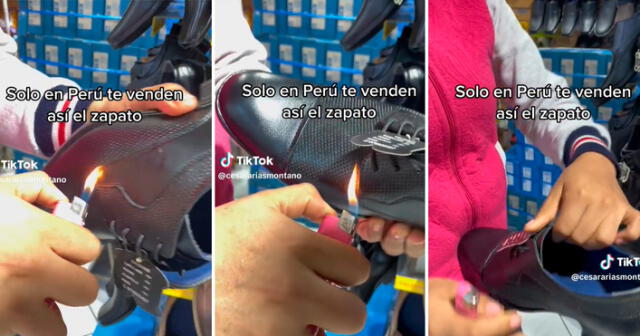 La vendedora señaló que cuando los zapatos realmente son de cuero, no se queman. Foto: composición LR / capturas de TikTok / @cesarariasmontano