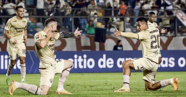 El festejo. Emanuel Herrera y Alex Valera se complementan muy bien en el campo. Anotaron ante Vallejo y celebraron juntos. Foto: difusión