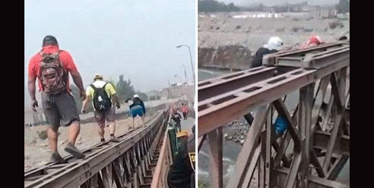 En peligro. Vecinos de Lima Este cruzan temerariamente un puente para cumplir con sus labores. Foto: composición La República/capturas ATV - Video: ATV