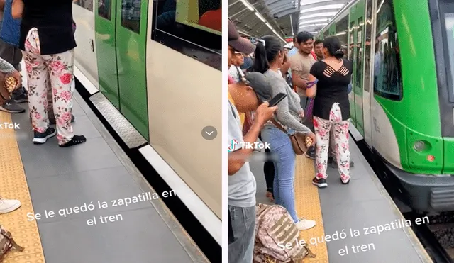 La cara de la mujer al ver que su zapatilla no tendría retorno conmovió a los cibernautas. Foto: composición de LR/@Renzofuentes12/TikTok