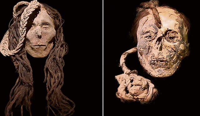 Sosperitos. Cabezas de dos momias halladas en la zona arqueológica peruana de Cahuachi, Ica, convertidas en trofeos divinos. Foto: difusión
