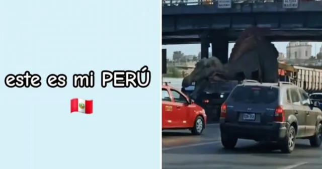 El video viral del dinosaurio atrapado en el puente Acho inicia con el icónico "Este es mi Perú". Foto: composición LR/omarcuba16/TikTok