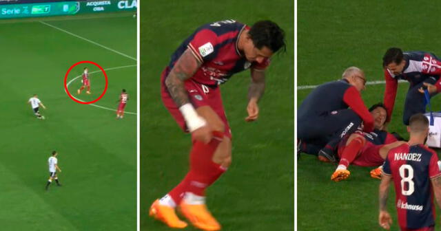 Gianluca Lapadula trastabilló luego de recibir el pelotazo y cayó sobre el césped del terreno de juego. Foto: captura de DSports+ | Video: DSports+