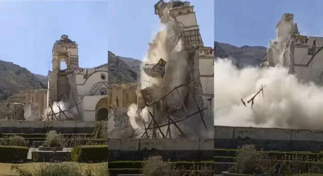 DAÑO. Usuario grabó el momento exacto en el que torre de iglesia Lari se desploma tras el fuerte sismo. Foto: captura video