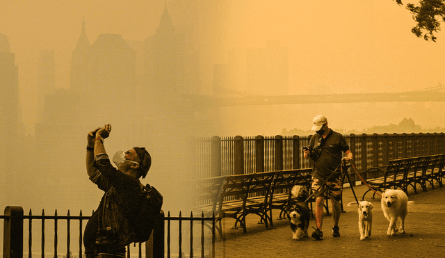 Neoyorquinos acataron regresar a las mascarillas puestas para protegerse del humo tóxico. Foto: composición Jazmin Ceras/AFP