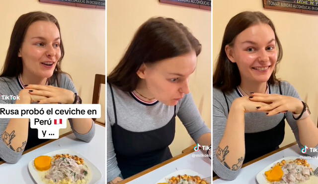 La joven extranjera invitó a todos a que vengan al Perú a probar ceviche. Foto: composición LR/capturas de TikTok/@Milkokies