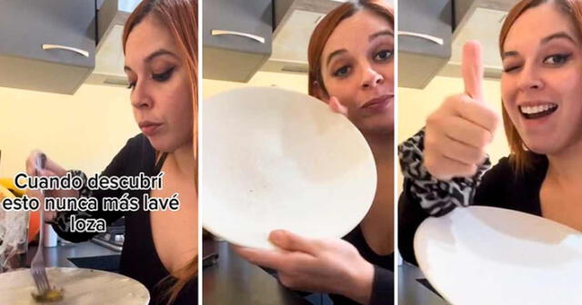 Video de muchacha que compartió recomendación para no lavar plato fue visto por miles de usuarios de TikTok. Foto: composición LR/TikTok/@gisela_twinmom