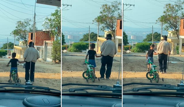 Al niño no le importó dejar su bicicleta para apoyar al adulto. Foto: composición LR / capturas de TikTok / @Karencsolano