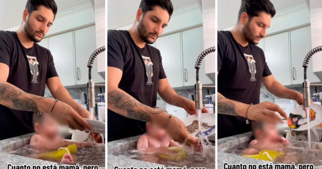 El joven padre sorprendió al bañar a su hijo con la misma agua que usó para lavar los platos. Foto: composición LR/captura/@MartinEspinoza24/TikTok