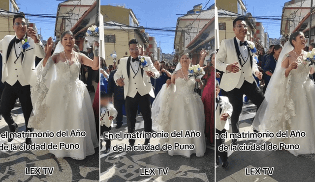 Feliz pareja celebró su unión con pasacalle en Puno. Foto: composición LR/@studioslextv - Video: @studioslextv/@lunderi