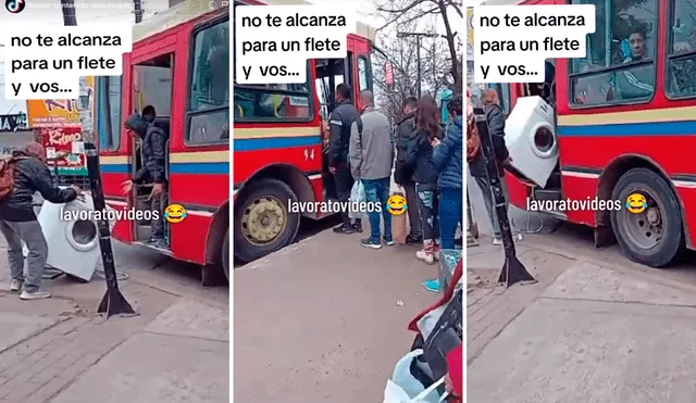 El hombre no dudó en subir su lavadora a un bus de transporte público. Foto: composición LR/@Lavoratovideos/TikTok