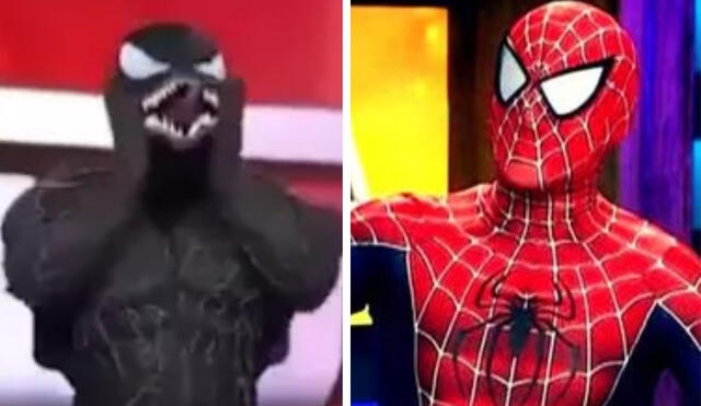 Lizbeth Cueva tuvo que separar a los imitadores de Spiderman y Venom luego de que se agarraran a golpes en su set de televisión. Foto: Composición La República/Captura Latina