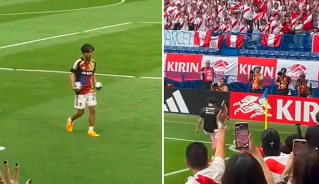 Takefusa Kubo se acercó a los hinchas peruanos poco antes de que se inicie el amistoso. Foto: captura de @JapBlanquiAZul2/Twitter | Video: @JapBlanquiAZul2/Twitter