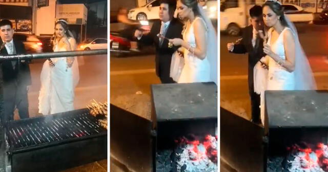 Los recién casados no dudaron en degustar unos anticuchos en plena calle. Foto: composición LOL/captura de TikTok/@SelviGonzalez