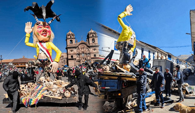 "La Descarada" en el desfile por el mes jubilar del Cusco (izquierda) y cuando fue desmontada (derecha). Sería una alegoría a Dina Boluarte. Foto: composición LR/ Jazmón Ceras/ cortesía