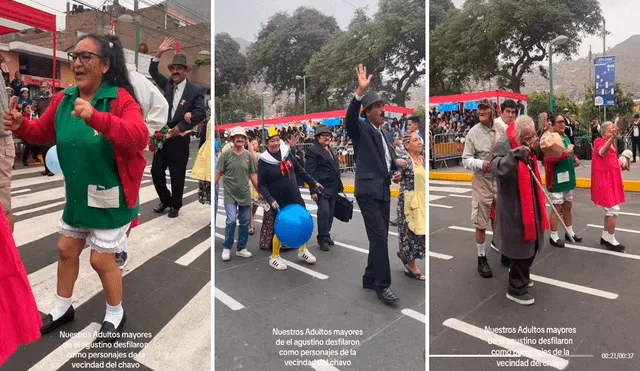 Los adultos mayores derrocharon ternura en el desfile cívico de El Agustino. Foto: composición LR/@Richardsoriaf/TikTok