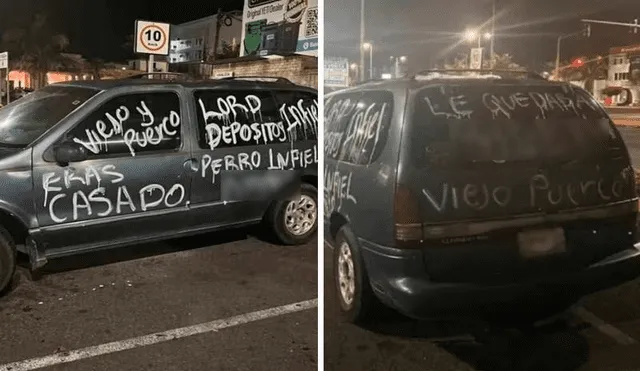 Las imágenes dejaron atónitos a los usuarios por las singulares frases que escribió la mujer en el carro. Foto: composición LR/Facebook