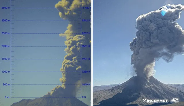 Gases y cenizas emitidos por el volcán Ubinas también han afectado a Arequipa. Foto: Asismet_IF/Twitter - Video: Ingemmet/Twitter