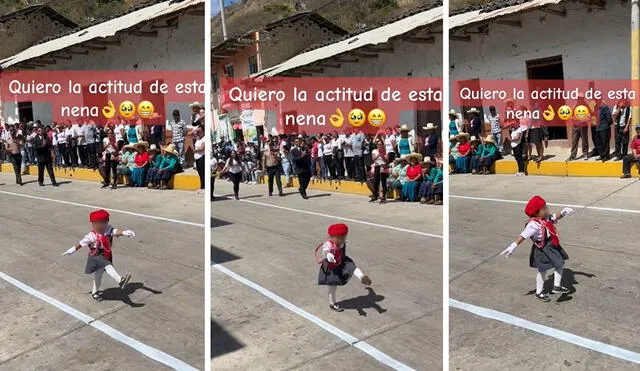 La menor fue aplaudida por los asistentes del desfile escolar en Cajamarca. Foto: composición LR/ @annycarranza13 - Video: @anycarranza13