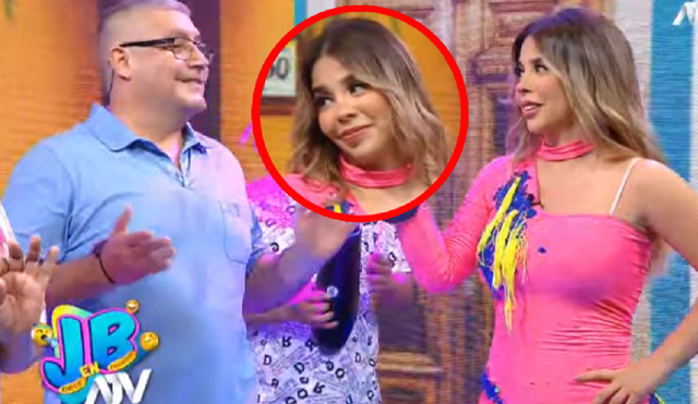 Durante el sketch en el que participa el papá de Gabriela Serpa, se vio a la modelo 'vigilar' a su progenitor, quien bailaba con una joven. Foto: composición LR/ATV - Video: ATV