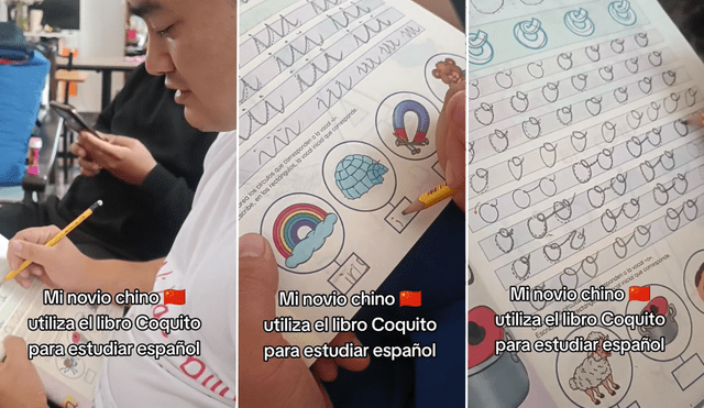El video muestra cómo el joven chino practica su caligrafía en español con el libro 'Coquito'. Foto: captura TikTok
