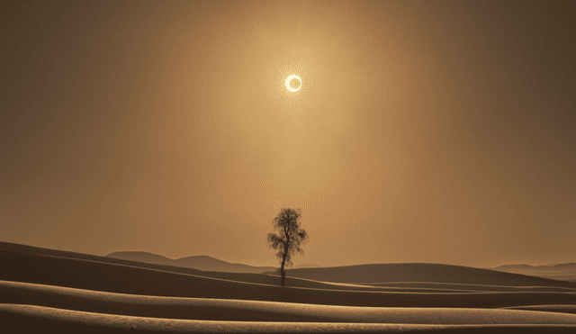 Un eclipse solar anular ('anillo de fuego') sobre un desierto de Emiratos Árabes Unidos. Foto: NASA/Maxime Daviron