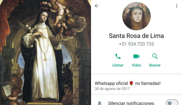 Sí, Santa Rosa de Lima también está en redes. Aprende en esta nota a conversar con la patrona de la capital. Foto: composición LR/archivo/captura WhatsApp