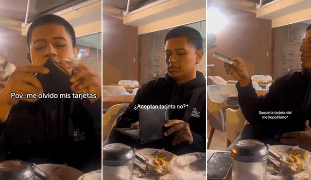 El joven mencionó en su video que se olvidó su tarjeta para pagar. Foto: composición LR/@eddu_valqui/TikTok